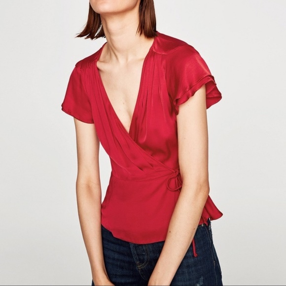 Zara Tops - Zara red silky wrap top Small